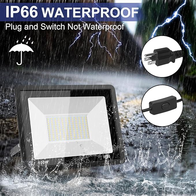 2-Pack 100W LED Flood Light Outdoor, 10000LM Bright Plug-in Flood Lights with Switch, IP66 Waterproof Exterior Security Lights, LED Work Light for Garage, Yard, Garden, Playground, Stadium, Arena