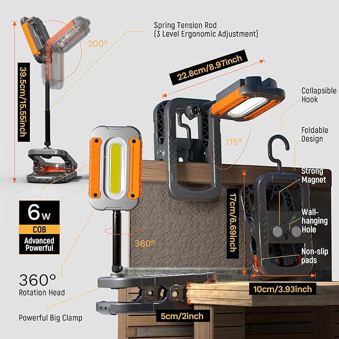 Rechargeable LED Work Light with Clamp, 3000LM Magnetic Clip-on Work Light with 4 Light Modes, 360°Rotation Flood Worklight with Portable Charger, Clamp Work Lights for Workshop, Jobsite