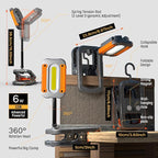 Rechargeable LED Work Light with Clamp, 3000LM Magnetic Clip-on Work Light with 4 Light Modes, 360°Rotation Flood Worklight with Portable Charger, Clamp Work Lights for Workshop, Jobsite