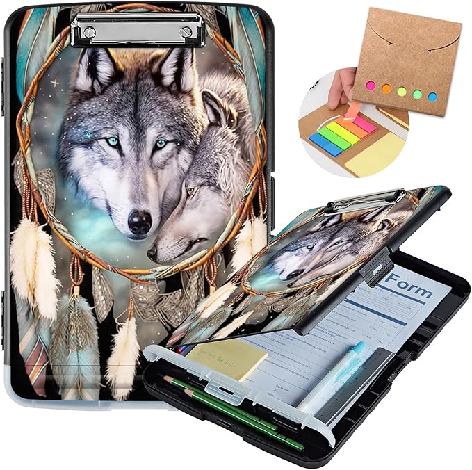 Clipboard with Storage,Heavy Duty Plastic Storage Clipboard with Low Profile Clip,Teacher Must Haves,Office Supplies,Dream Catcher Wolf