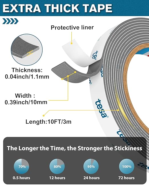 Tesa Double Sided Tape Heavy Duty 0.4in x 10ft 6311, Adhesive Mounting Tape Waterproof, Strong Foam Tape for Walls, Extreme Temp Resistant No Residue Removal Two Sided Tape for Auto, Home, Office