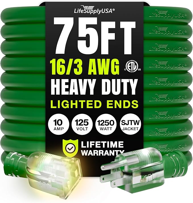 75ft Outdoor/Indoor Extension Cord 16/3 Gauge Heavy Duty 3 Prong SJTW, Waterproof, ETL Listed, Flexible Cold-Resistant Long Power Cord,10A 125V 1250W, Green by LifeSupplyUSA