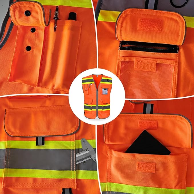 TCCFCCT Reflective Safety Vest for Men Women 9 Pockets High Visibility Vest with Fluorescent Yellow Extend Edge, Hi Vis Security Work Vest for Surveyors, Durable and Breathable, (DB-Orange, XX-Large)