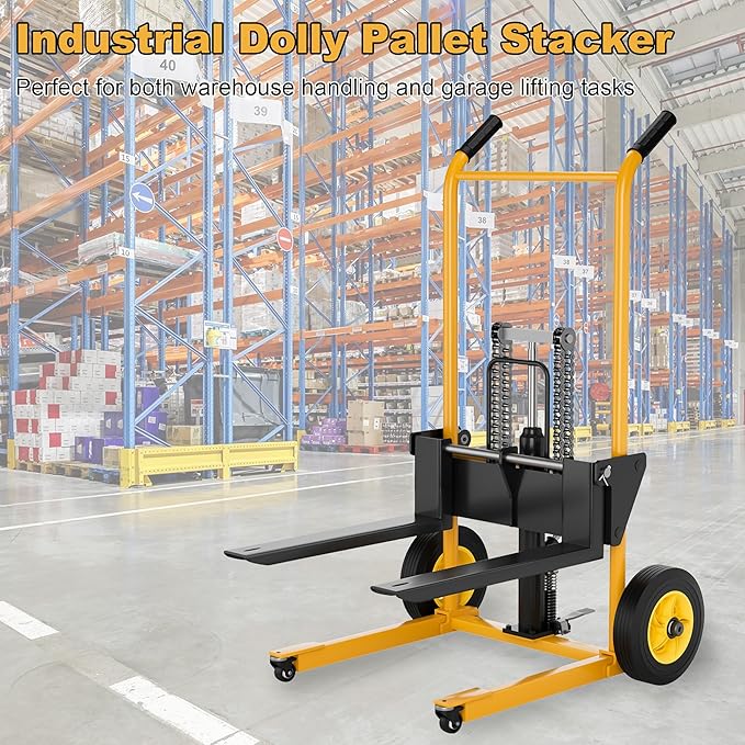 Foldable Material Lift Winch Stacker, 450LBS 36" Pallet Stacker, 2-in-1 Hand Truck Fork Lift Table Cart, Removable Platform, Adjustable Forks, Foot Pump, for Warehouse Garage Workshop