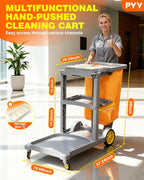 PYY Cleaning Carts On Wheels - Janitorial Cart w/ 3-Shelf & 2 Bins, Smooth Swivel Caster, 65L Collection Bag, 300LBS Load Capacity, Sturdy Cleaning Cart for Housekeeping, Janatorial Cleaning (Gray)