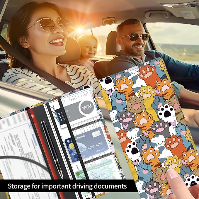 Premium Car Registration and Insurance Card Holder, Cute PU Leather Car Document Holder, Vehicle Glove Box Car Organizer with Magnetic Closure for Driver License, Cards Colorful Paws