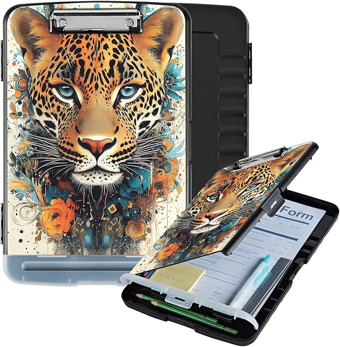 Clipboard with Storage Box & Pen Holder,Heavy Duty Clip Boards 8.5x11 for Nursing,High Capacity,School & Office Supplies,Leopard Floral