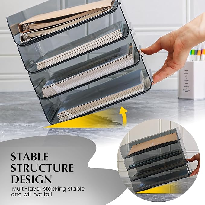 2 Pack Stackable Paper Tray Organizer, Clear File Organizer for Desk, Office Organizer and Storage for Desk Accessories, Notes, Books, File Paper, Document, Black