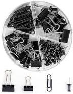 Paper Clips and Binder Clips Set, Metal Assorted Sized Binders with Push Pins, Black Office Supplies for Desk, Durable Desk Accessories