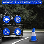 OrangeStar 12" Traffic Cones 6-Pack Blue Safety Cones with Reflective Collars, Heavy Duty Base for Driving Practice, Parking Lots, Construction, Flexible PVC, Indoor & Outdoor Use