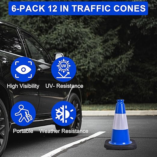 OrangeStar 12" Traffic Cones 6-Pack Blue Safety Cones with Reflective Collars, Heavy Duty Base for Driving Practice, Parking Lots, Construction, Flexible PVC, Indoor & Outdoor Use