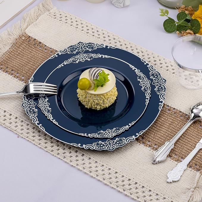 700PCS Navy Blue Plastic Plates for 100 Guests, Disposable Plates with Gold Trim include 100 Dinner plates, 100 Dessert Plates, 100 Gold Silverware, Cups and Napkins for Party, Graduation