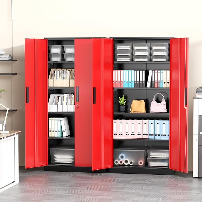 Greenvelly Metal Garage Storage Cabinet with Lock, 72" Metal Storage Cabinet with 2Doors and 4Adjustable Shelves, for Home Office, School,Gym (Black&Red)