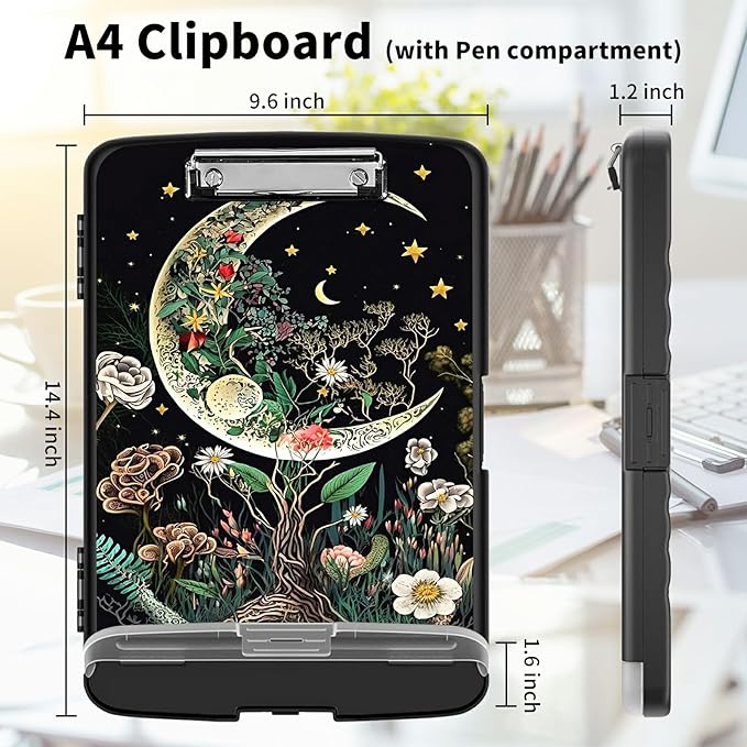 Clipboard with Storage High Capacity Plastic Nursing Clipboards with Pen Holder File Folder Storage Box Clipboard with Heavy Duty Clips for Teacher,Doctor,Offices-Moon Flowers