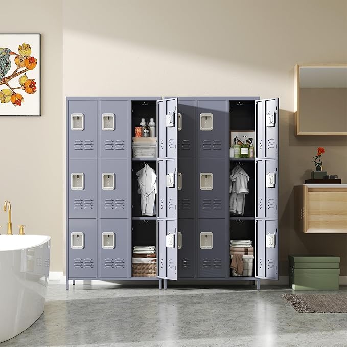 72" Tall Emplyee Locker with Shelves and Hooks 9 Doors Steel Sports Locker for Office Home Bedroom School Gym Garage, Metal Staff Locker Locking Storage Lockers Cabinet,Grey
