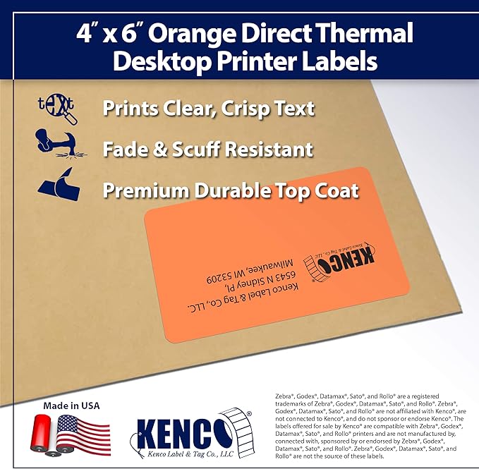 4" X 6" Direct Thermal Perforated Stickers Labels for Shipping Labels, Inventory, and Color Coding - Compatible with Zebra, Rollo, Godex and More (Orange, 48 Rolls)