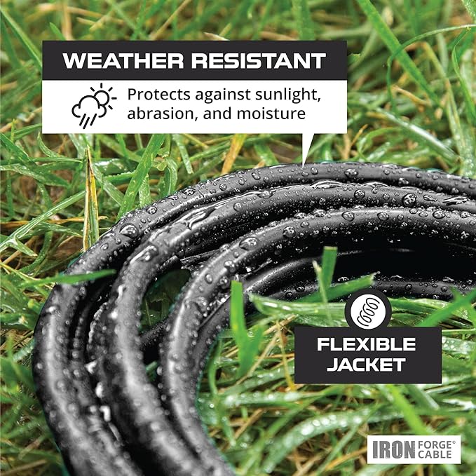 Iron Forge Cable 10 Gauge 10ft Lighted Outdoor Heavy Duty Extension Cord with 3 Outlets - 15 Amp 10/3 SJTW Black Extension Cord with Multiple Outlets
