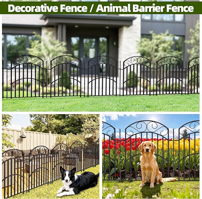 5 Panels 32in(H) Decorative Garden Fence, Total 11ft L Heavy Duty Iron Metal No Dig Animal Barrier Fence, Garden Border Fencing, Temporary Dog Fencing Outdoor for Yard