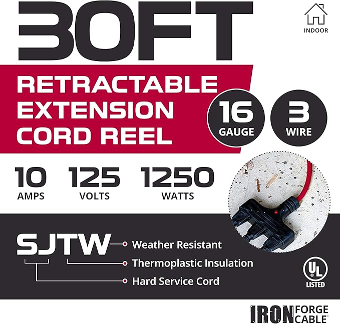 IRON FORGE CABLE 30Ft Retractable Extension Cord Reel with Breaker Switch & 3 Electrical Power Outlets - 16/3 SJTW Durable Red Cable - Perfect for Hanging from Your Garage Ceiling