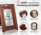 Alpine Wooden Wet Floor Sign – High-End Slippery When Wet Caution Sign, Bilingual English & Spanish, Stainless Steel Plate, Foldable, Rubber Tips, Safety Warning for Hotels, Restaurants & Offices