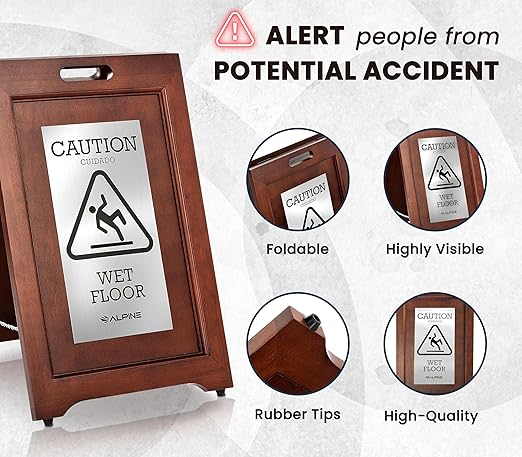 Alpine Wooden Wet Floor Sign – High-End Slippery When Wet Caution Sign, Bilingual English & Spanish, Stainless Steel Plate, Foldable, Rubber Tips, Safety Warning for Hotels, Restaurants & Offices