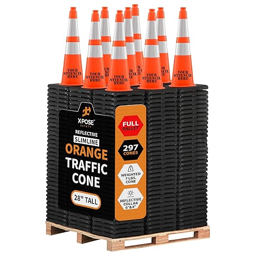 Xpose Safety 28 Inch Orange Slim Line Traffic Cones with 6" & 4" Collar - Bulk Full Pallet 297 Pack - Multipurpose PVC Plastic Safety Cone for Parking, Caution, Kids & Construction - DOT Approved