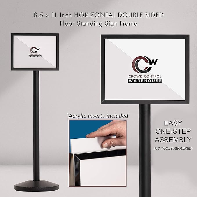 Crowd Control Warehouse Pedestal Standing Floor Sign Frame with Sloped Base, 8.5x11 Inch Horizontal, Polished Stainless Steel