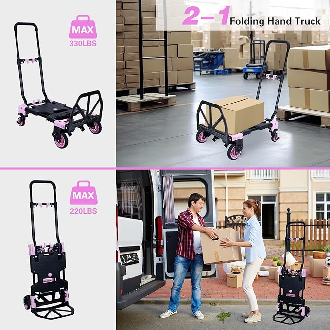 JJSMKCH 2 in 1 Folding Hand Truck,330LB Capacity Hand Truck Foldable,Dolly Cart with Wheels and 3-Speed Adjustable Handle,Portable Hand Cart,Collapsible Dolly for Moving (Pink)