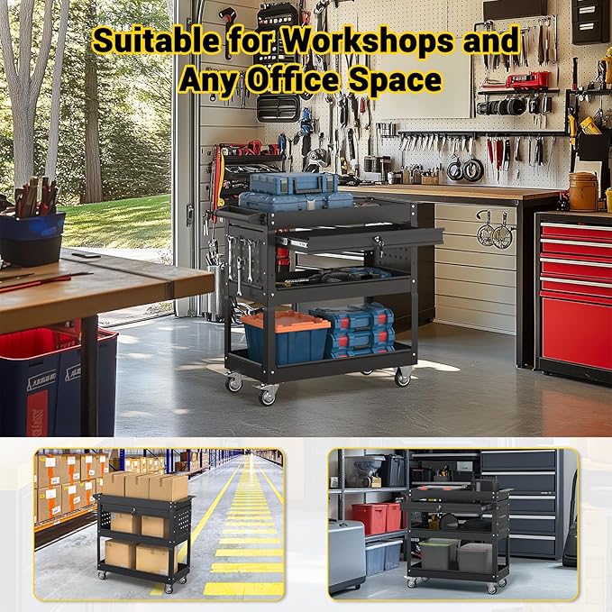 3 Tier Rolling Tool Cart on Wheels, 550 LBS Tool Cart with Drawers，Heavy Duty Utility Cart with Pegboard and Hooks，Mechanic Tool Storage Cart for Garage, Warehouse (Black)