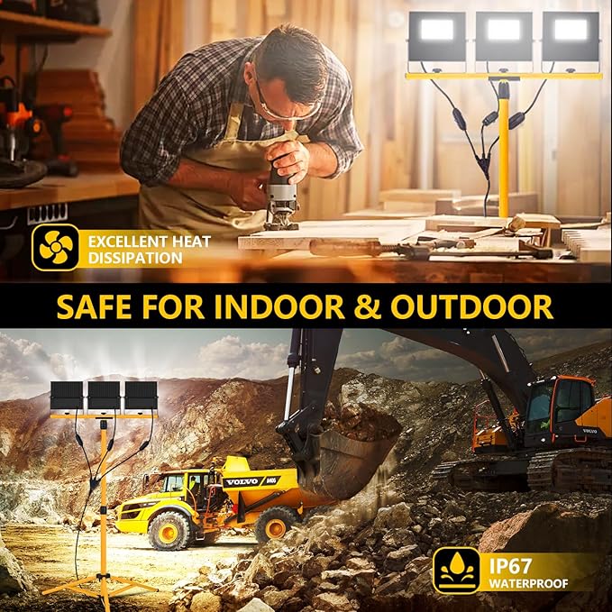 36000 Lumen Work Lights with Stand, 3 Adjustable Head LED Work Light with Adjustable and Foldable Tripod Stand, IP67 Waterproof Lamp Individual Switch with 16FT Cord for Outdoor Construction Lighting