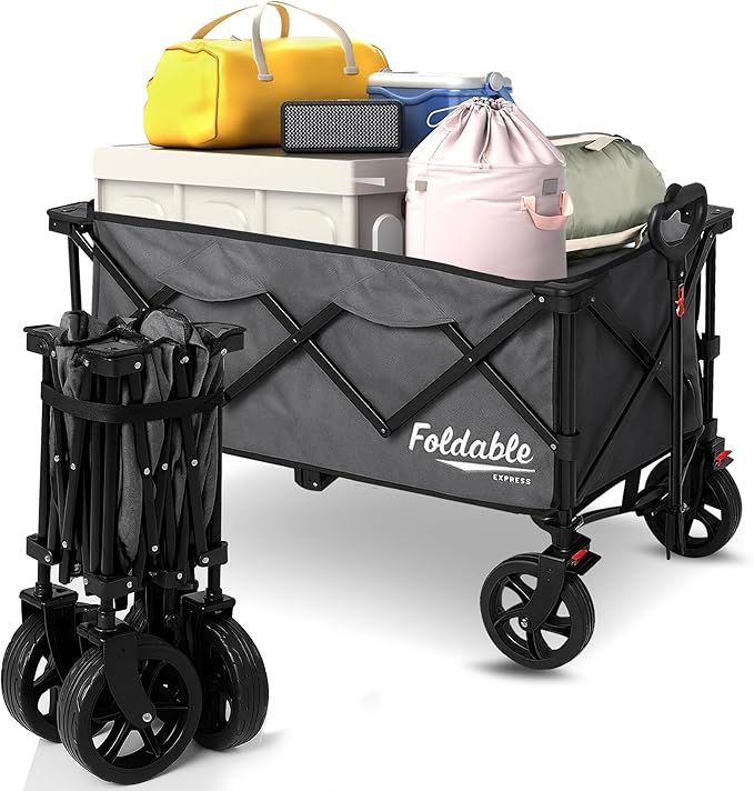 Lapp Wagons 39" Extra-Long Collapsible Folding Wagon Cart, Heavy-Duty 360 lb Utility Wagon with Wheels, Foldable Beach Wagon for Camping, Garden, Grocery, Sports, Outdoor Gear – Grey