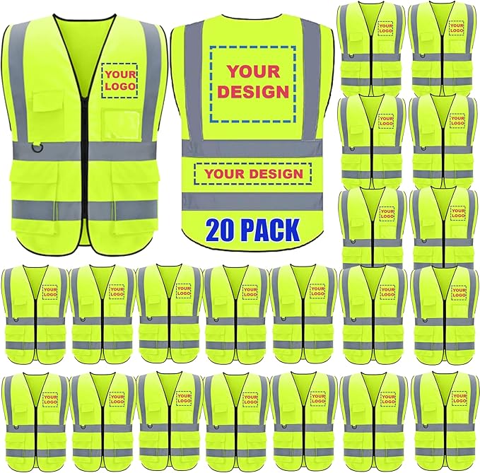 BeautyWill Custom Logo 10/20 Pack Safety Vest Class2 High Visibility Vest with Pockets Breathable Construction Vest Bulk
