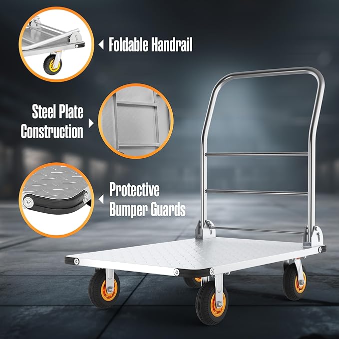 Push Cart Dolly, Flat Cart, Flatbed Platform Trucks with Wheels and Handle, Rolling Trolly, Folding Handcart for Moving, Heavy Duty 2000 lb Capacity, Carritos de Carga, Foldable 36 x 35 x 24 Inches
