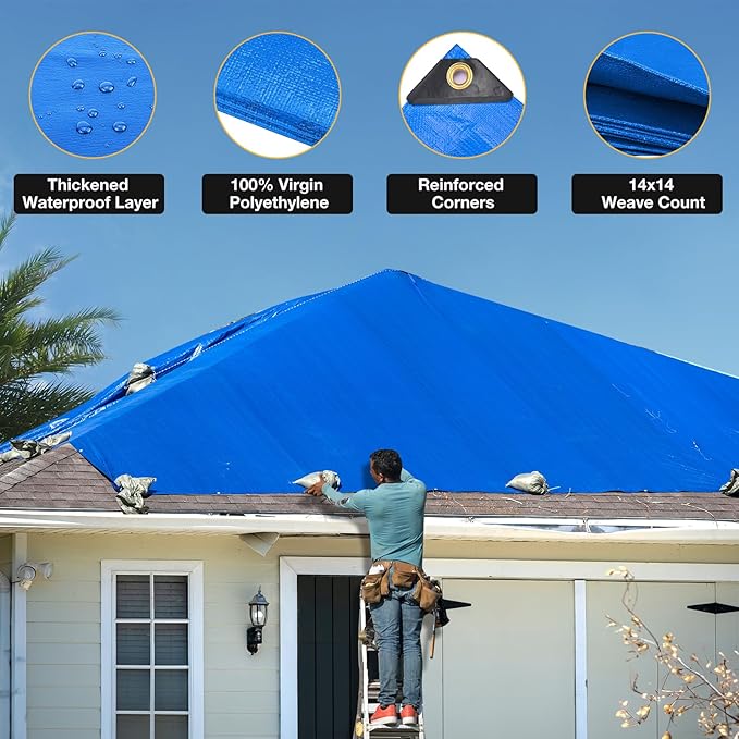 Tarp 10x20 Feet 14 Mil Heavy Duty Waterproof Tarp, Large Multipurpose Cover with Brass Grommets and Reinforced Edges, UV Resistant Thick Poly Tarps for Outdoor Camping Tent Pool Car, Blue