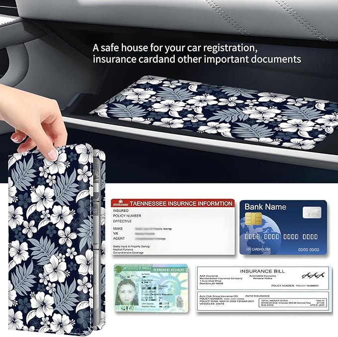 Premium Car Registration and Insurance Card Holder, Cute PU Leather Car Document Holder, Vehicle Glove Box Car Organizer with Magnetic Closure for Driver License, Cards Navy Tropical Hibiscus