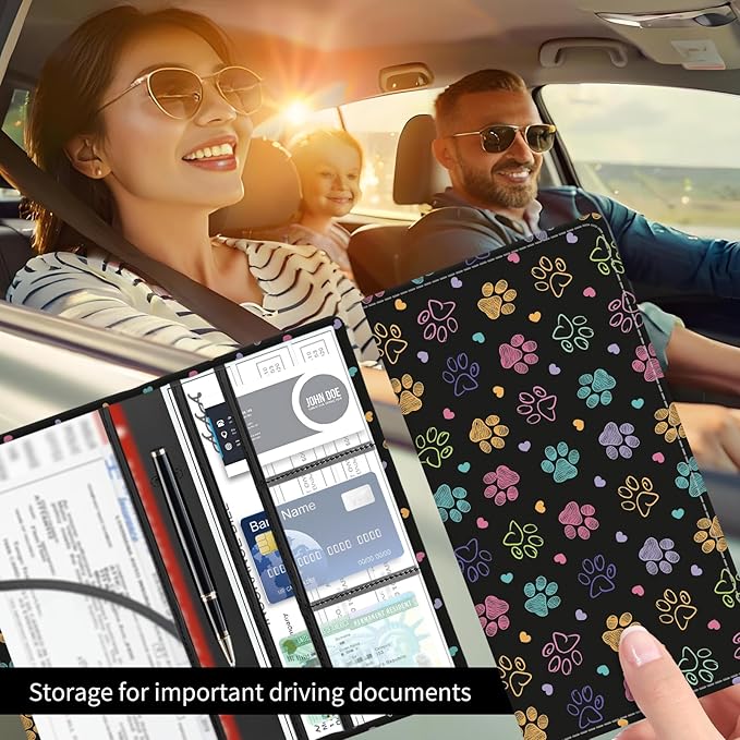 Premium Car Registration and Insurance Card Holder, Cute PU Leather Car Document Holder, Vehicle Glove Box Car Organizer with Magnetic Closure for Driver License, Cards Colorful Doodle Paws