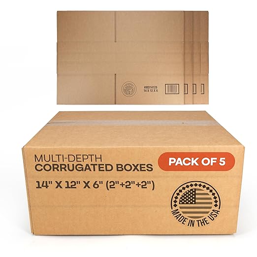 Multi-Depth Corrugated Shipping Boxes, 14"L x 12"W x 6"H, Pack of 5 - USA-Made Boxes for Moving, Storage & Small Business Packaging - Heavy-Duty Cardboard Bines for Household & Office by IDL Packaging