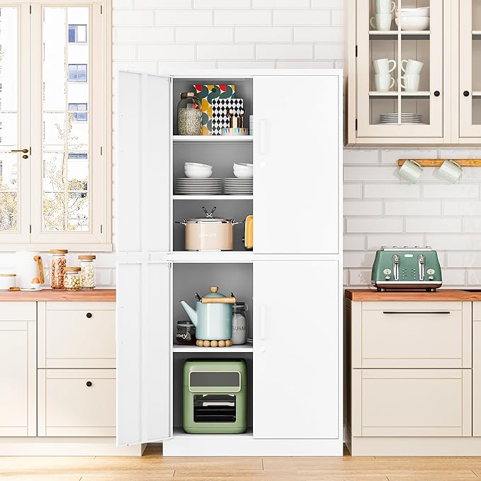 71” Metal Storage Lockable Heavy Duty File Cabinet Garage Tool Cabinets with Doors and Shelves-Tall White Steel Cabinet for Garage for Office, Gym, School