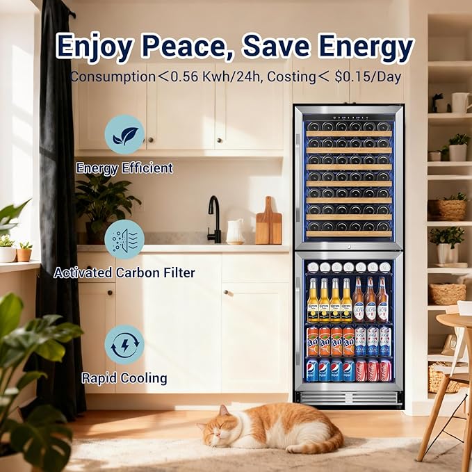 Tylza 24'' Wine and Beverage Refrigerator, Dual Zone Wine Fridge with 190 Cans and 90 Bottles, Upgraded Compressor, Low-E Tempered Glass, Safety Lock, 2 In 1 Beverage Fridge for Home or Commercial