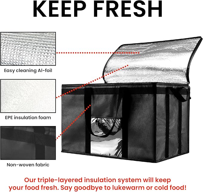 Insulated Cooler Bag and Food Warmer (3XL, 2 Pack) for Delivery & Grocery Shopping with Zippered Top, Black