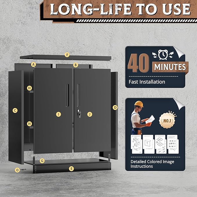 Incbruce 36” Metal Storage Cabinet, Locking Steel Storage Cabinet with 2 Doors and 2 Adjustable Shelves for Garage, Home, Office (Black)