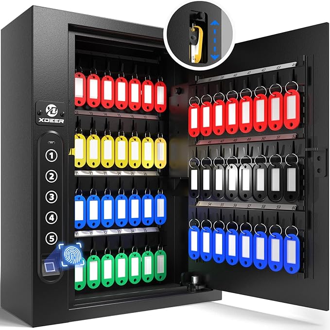 XDeer 60-Key Biometric Lock Box, Wall Mount with Anti-Theft Key Slot and Combo Lock for Hotels & Offices