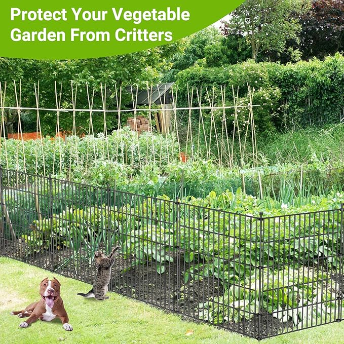5 Panels No Dig Decorative Outdoor Garden Fence with Gate for Yard, 48 in(H) X 13.13 ft(L) Animal Barrier Fencing Rustproof Metal Wire Panel Border for Dog, Rabbits, and Patio Temporary Ground Stakes