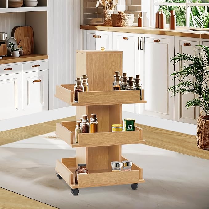 BarberPub Multi-Functional Kitchen Trolley with Lockable Wheels, 3-Tier Tool Storage Organizer, Mobile Cart for Kitchen, Craft Room, Living Room, Office 2038 (Oak)