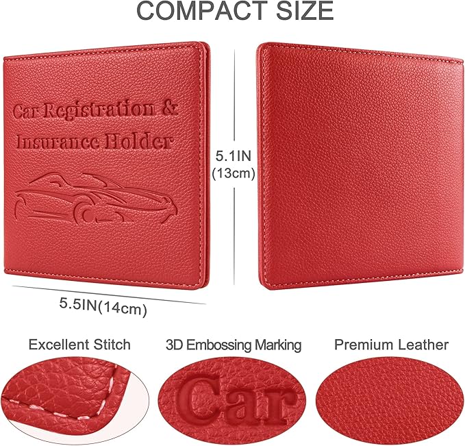 Car Registration and Insurance Holder, Premium PU Leather Vehicle Glove Box Car Organizer Men Women Wallet Accessories Case for ID, Driver's License - Red