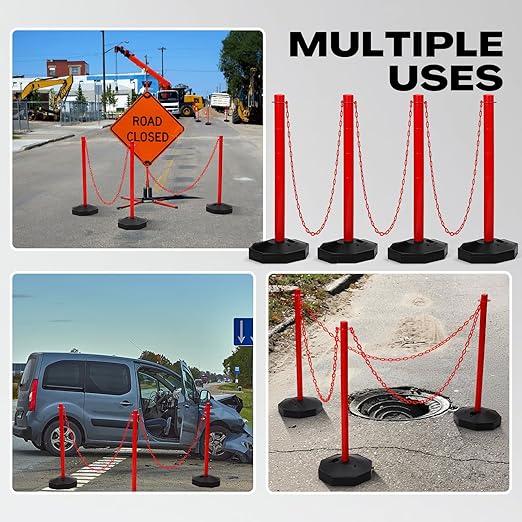Geiserailie 12 Pack Crowd Control Stanchions Plastic Stanchions Poles with 5FT Plastic Chain Crowd Control Barrier with Fillable Base Traffic Delineator Post for Parking Lot Construction Cone (Red)