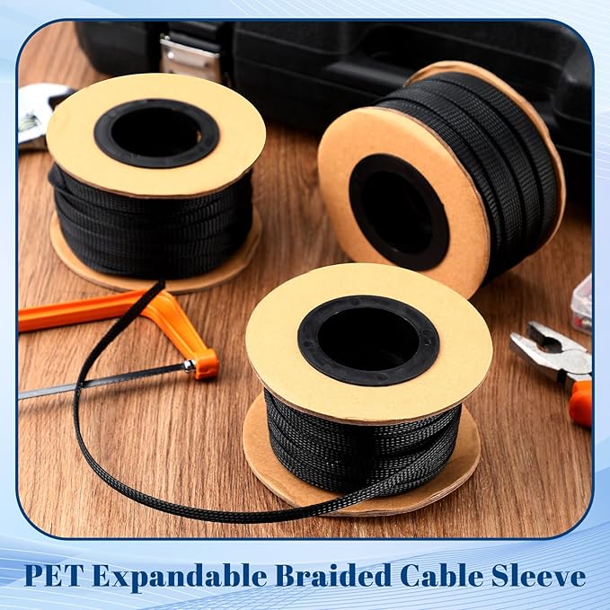Pangda 300 Feet 1/4 Inch Wire Loom PET Expandable Braided Sleeving Braided Sleeve for TV, Computer, Home Theater (Black)