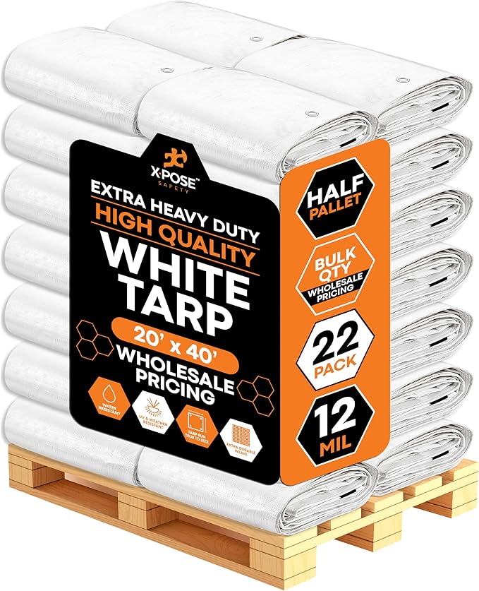 Heavy Duty White Poly Tarp 20' X 40' - Bulk Half Pallet (22 Pack) - Multipurpose Protective Cover - Durable, Weather Proof & Tear Resistant - 12 Mil Thick Polyethylene - by Xpose Safety