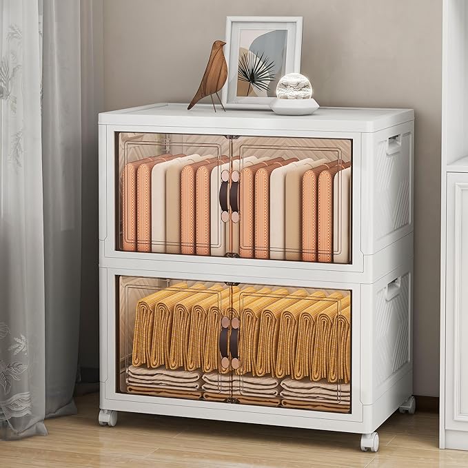 Storage Bins with Lids and Wheels, 199QT-99.5QT*2Tier Collapsible Bathroom Storage Cabinet with Clear Doors, Plastic Stackable Closet Organizers and Containers White