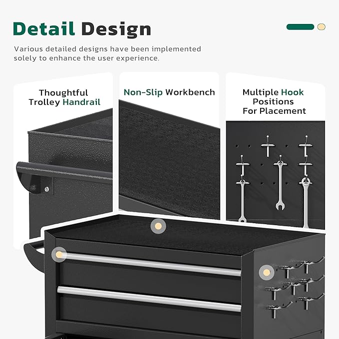 Greenvelly 8-Drawer Rolling Tool Chest, Metal Tool Chest with Wheels, Tool Cabinet with Detachable Top Tool Box, Metal Tool Cart with Liner & Hooks for Garage, Workshop, Warehouse (Black)